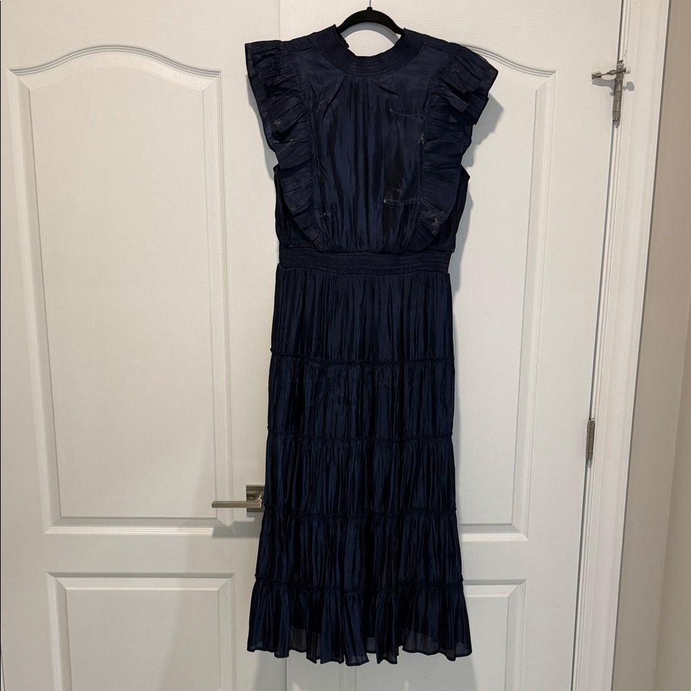 Women's Navy Ruffled Midi Dress - Elegant Evening Dress